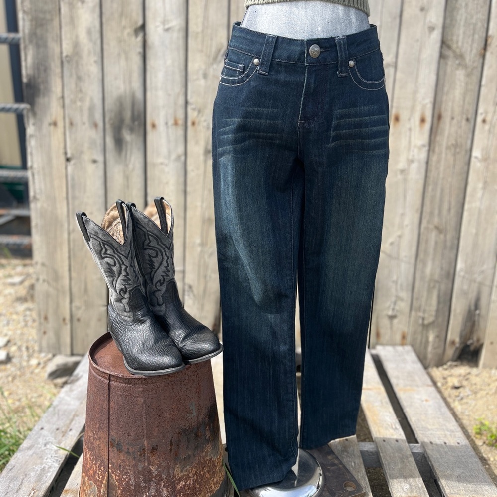 LADIES CACHE WESTERN DARK DENIM JEAN SIZE 6 COUNTRY GIRL DECORATIVE POCKETS